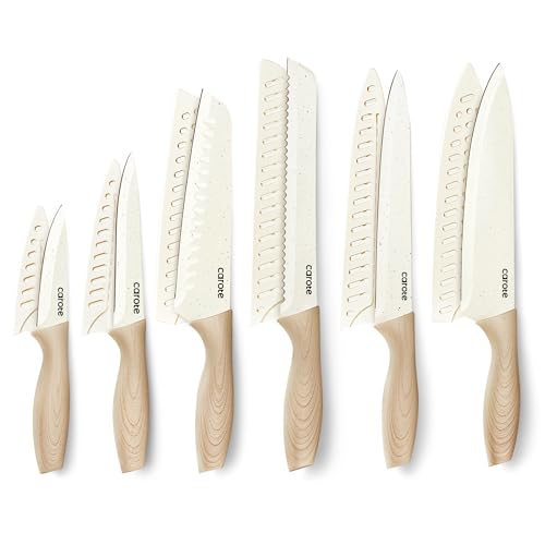 CAROTE 12PCS Knife set with Blade Guards,Granite Nonstick Ceramic Coating,Stainless Steel blade, Wood Grain Handle, Essential knife set,White