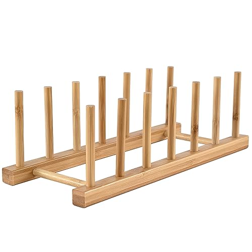 INNERNEED Bamboo Wooden Dish Rack, Vertical Plate & Lid Organizer for Kitchen Cabinet or Countertop, Drying Stand for Dishes, Cutting Boards