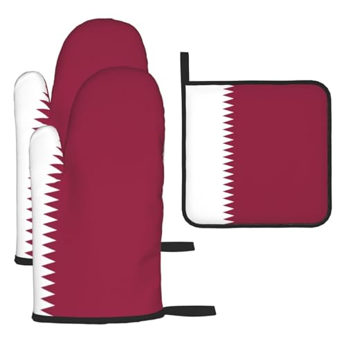 Qatar Flag 3PCS Oven Mitts Pot Holders Sets â€“ Scald-Proof Micro-Wave Oven Gloves with The Convenience to Open Pot Lids