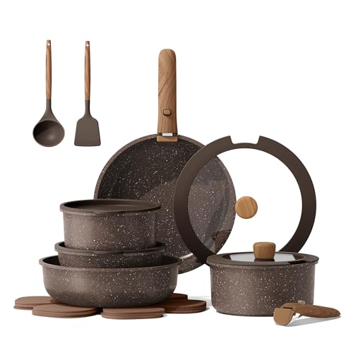 CAROTE 17PCS Pots and Pans Set Non Stick with Detachable Handle, Nonstick Cookware Sets, Cooking Kitchen Set, Oven/Dishwasher Safe, Induction Cookware, Brown, RV Kitchen Pot and Pan