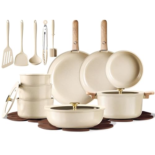 CAROTE 25PCS Ceramic Cookware Set, Pots and Pans set Non Stick, RV Kitchen Cooking Set Removable Handles, Oven Safe, Induction Cookware, Non-toxic Kitchen Cooking Set, PFAS and PFOA Free