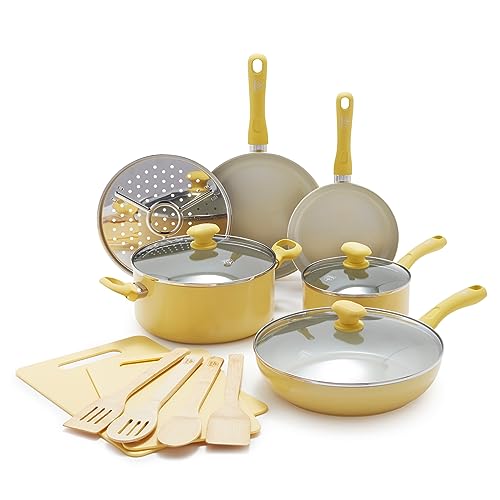 GreenLife Soft Grip Healthy Ceramic Nonstick 15 Piece Kitchen Cookware Pots and Frying Sauce Saute Pans Set, PFAS-Free with Kitchen Utensils and Lid, Dishwasher Safe, Yellow