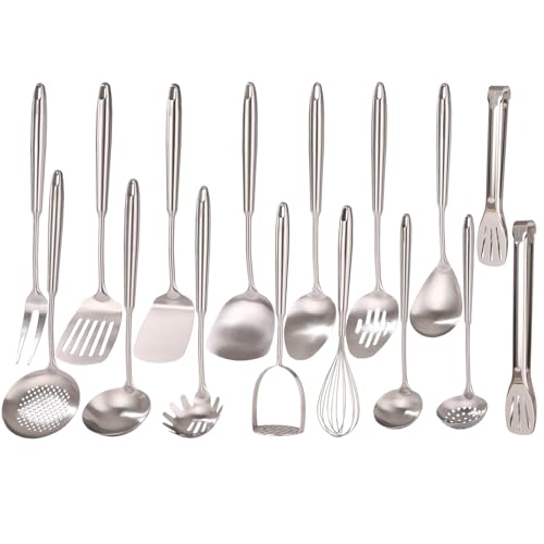 18/10 Stainless Steel Cooking Utensils Set - 16 PCS All Metal Serving Utensils, Kitchen Tools - Whisk, Masher, Fork, Tongs, Solid/Slotted Spoon, Spatula, Turner, Ladle, Skimmer, Pasta, Large Spoon Set