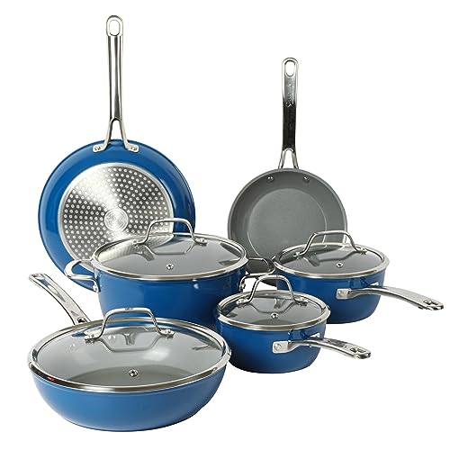 Sur La Table Kitchen Essentials 10 Piece PFA Free Titanium Ceramic Nonstick Interior Forged Aluminum Cookware Pots and Pans Set - Blue - Induction Compatible