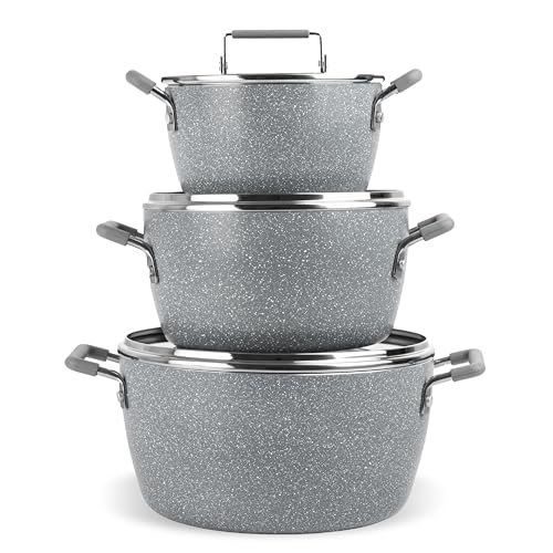 Granitestone Gray Pots and Pans Set Nonstick, 6 Stackable Piece Cooking Pots Set, Kitchen Pots, Non Stick Coating, 5qt 3qt & 1.5qt Pots with Lids, Stay Cool Handles Dishwasher Safe 100% Toxin Free