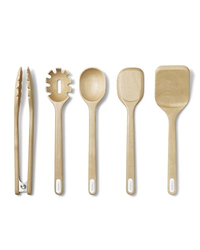 Caraway Wooden Utensil Set - 5 Piece Cooking Utensil Set - Spoon, Server, Scraper, Spatula, & Tongs - Made From FSC-Certified Birch Wood - No Microplastics
