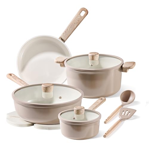 CAROTE Set di pentole e padelle in ceramica atossica antiaderente, set di pentole e padelle antiaderenti, set di pentole salutari, senza PFAS/PFOA, set di pentole da cucina tutti i piani cottura