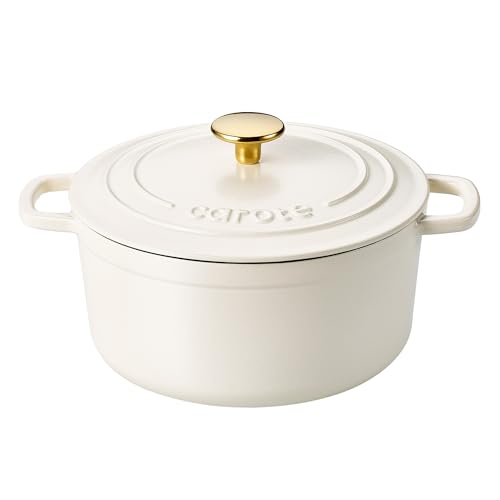 CAROTE Enameled Cast Iron Dutch Oven Pot with Lid, 4 QT Dutch Ovens, Heavy-Duty Cast Iron Pot for Sourdough Bread Baking, Braising, Stews, Roasting, Healthy & Non-Toxic, Dual Handles, All Stovetop Compatible, Oven Safe up to 500° F, Cream White