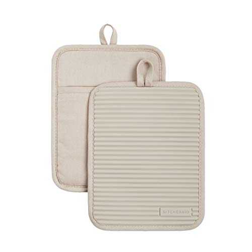 KitchenAid Ribbed Soft Silicone Pot Holder 2-Pack Set, Milkshake Tan, 7