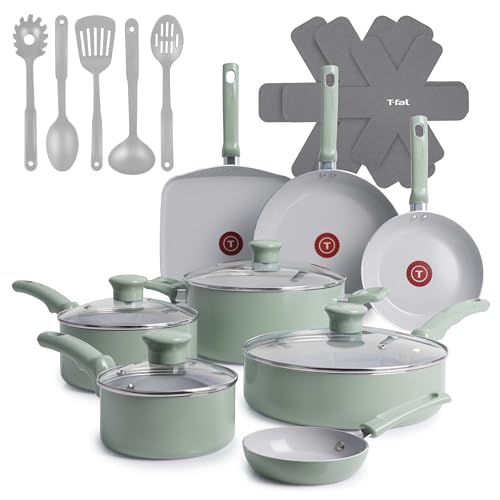 T-Fal Refresh Ceramic Nonstick Cookware Set, 20-Piece, Oven Safe to 350°F, Stockpot, Ceramic Pots and Pans Set, Frying Pans, Griddle, Utensils, Mint Green