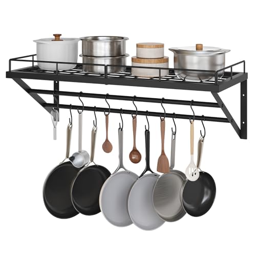 YATINEY Pot Rack, 30 Inch Wall Mounted Pot Rack, Kitchen Pot and Pan Organizer with 2 Tier Hanging Rails, 12 S-Hooks, Space Saving, for Kitchen Cookware Organizer, Black PR02BK