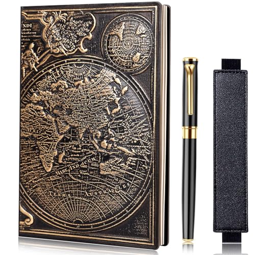 FEIDIAO Vintage Map Embossed Leather Notebook Travel Journal-Daily Notepad-Business Notebook-Drawing Notebook, Antique Handmade,Lined Hardcover with a Comfortable-Holding Black Signing Pen(A5)