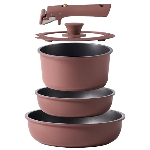 CAROTE 5pcs Pots and Pans Set Non stick,Cookware Set Detachable Handle,kitchen essentials,RV kitchen pot and pan,Induction Cookware,Oven Safe,PFOA PFOS FREE,Burgundy