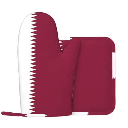 Qatar Flag Kitchen Insulation Pad Mitts 2 Pack, Kitchen Baking Pot Cover, Dinner Plate, Grill Protective Gloves and Insulation Pads