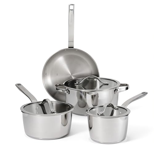 Tramontina Tempo Tri-Ply Base Stainless Steel 7-Piece Cookware Set with Glass Lids, Pots and Pans Kitchen Set, Induction-Ready, Oven-Safe, Dishwasher-Safe