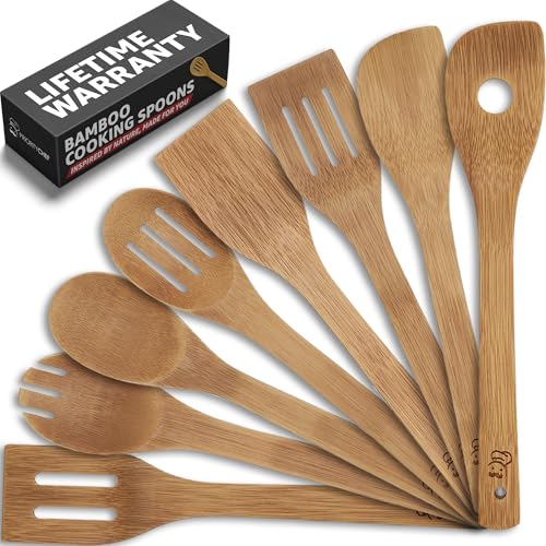 PriorityChef Wooden Spoons for Cooking, 8Pc Non Scratch Bamboo Cooking Utensils, Non-Toxic Wooden Utensil Set, Easy to Clean Kitchen Utensils Set for Everyday Use on All Cookware Types