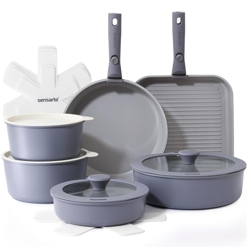 SENSARTE 17 Piece Ceramic Pots and Pans Set, Nonstick Detachable Handle Cookware, Induction Kitchen Cookware Set with Removable Handle, Dishwasher & Oven Safe (Gray)
