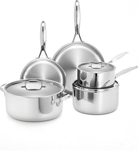 5 Ply Stainless Steel Cookware Set,8-Piece,Professional Kitchen Cooking, Heavy Chef Quality,PFOA, PTFE & PFOS Free,Induction, Non-Toxic, Oven Safe,Best 18/8 Full Clad
