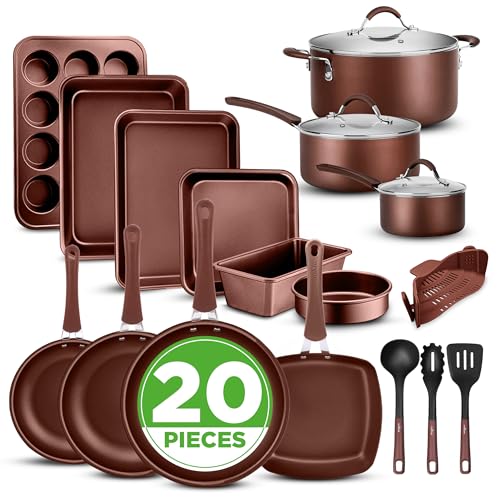 NutriChef 20 Piece Professional Home Kitchen Cookware and Bakeware, Pots and Pans Set Non Stick Kitchenware, Cool-Touch Handles, Safe for Gas, Electric, Induction Cooktops, Easy Clean, Brown