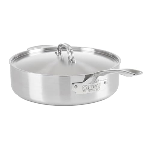 Viking 5-Ply Deep Frying Pan with Lid, 6.4 Quart Stainless Steel Saute Cooking Pot, Dishwasher and Oven Safe, Induction Ready, Satin Finish