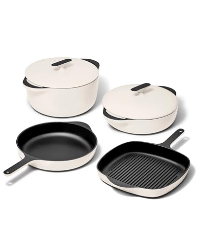 Caraway 8-Piece Enameled Cast Iron Set - 10.5” Skillet, Grill Pan, 3.5 qt Braiser Pan, 6.5 qt Dutch Oven with Lid and Organizers - Non-Toxic 3-Layer Enamel Coating - No Seasoning Required - Cream