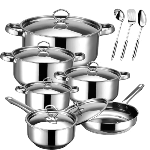 Hunnycook Stainless Steel Cookware Set - 15 Pieces Stainless Steel Pots and Pans Set, Includes 6 Pots and Pans, 6 Lids and 3 Utensils, Fixed Handles, Induction Safe and Dishwasher Safe