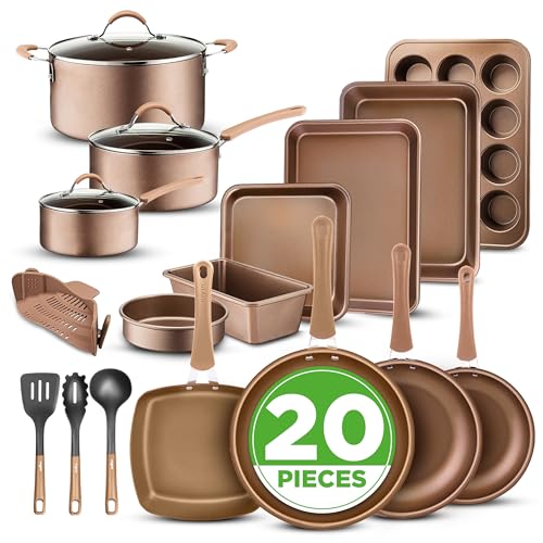 Nutrichef 20 Piece Professional Home Kitchen Cookware and Bakeware, Pots and Pans Set Non Stick Kitchenware, Cool-Touch Handles, Non Toxic, Safe for Gas, Electric, Induction Cooktops, Easy Clean
