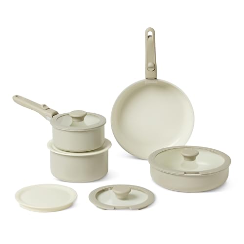 Amazon Basics Pentole Impilabili Antiaderenti in Ceramica con Manici Rimovibili, Set di 11 Pezzi, Adatte a Tutti i Piani Cottura, Grigio Lino