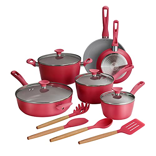 Tramontina Solara 14-Piece Ceramic Non Stick Cookware Set with Lids, Heavy-Gauge Aluminum Pots and Pans Kitchen Set with Nonstick Coating, Dishwasher and Oven Safe (Red)