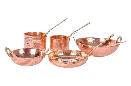 Pure Cookware 10 Piece Set with Serving Spoon (Sauce Pan | Copper Kadhai Set | Copper Fry Pan) with Brass Handle for Cooking Purpose
