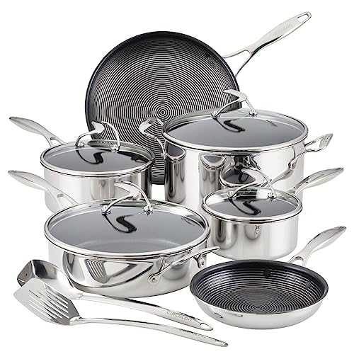 Circulon Clad Stainless Steel Cookware Pots and Pans and Utensil Set with Hybrid SteelShield and Nonstick Technology, 12 Piece - Silver