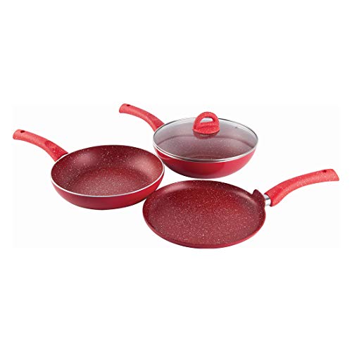 Wonderchef Granite 4 Pc Non-Stick Cookware Set for Kitchen, Fry Pan 26cm, Wok with Lid 26cm, Dosa Tawa 26cm, Non-Toxic PFOA Free, Low-Oil Cooking, Gas Stove & Induction Friendly, 2-Yr Warranty, Red