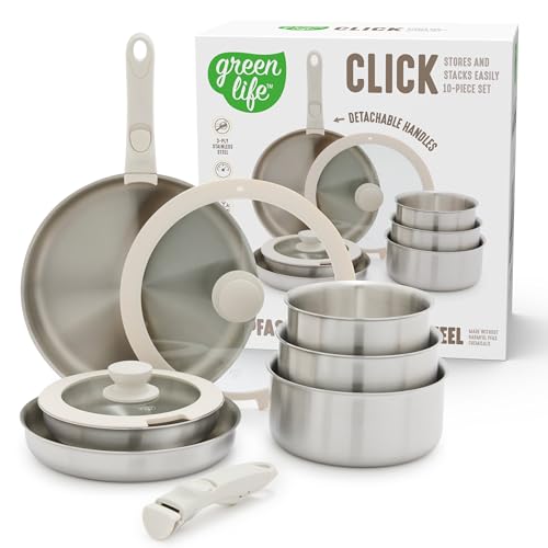 GreenLife 10 Piece Stainless Steel Pots and Pans, Detachable & Stackable Kitchen Set, Tri Ply Clad PFAS Free Cookware, Space Saving with Removable Handle, Induction & Oven Safe, RV Cookware, Glass Lid
