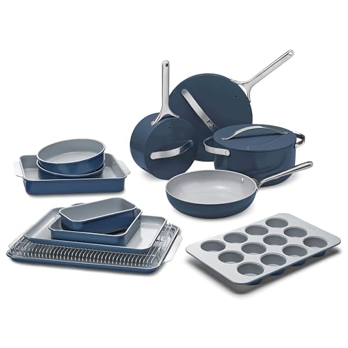 Caraway 23-Piece Nonstick Ceramic Cookware & Bakeware Set – Pots, Frying Pans, Lids, Baking Sheets, Pans, Cooling Rack & Storage – Oven Safe, Non-Toxic – Compatible with All Stovetops - Navy
