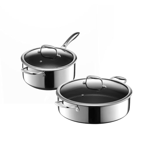 HexClad Hybrid Nonstick 4-Piece Cookware Set, 5Qt Saucepan with Lid and 7Qt Chicken Fryer with Lid, Stay-Cool Handles, Dishwasher and Oven-Safe, Induction Ready, Compatible with All Cooktops