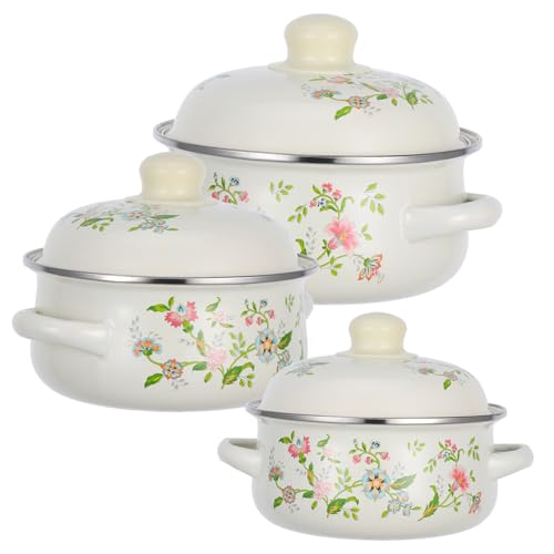 EXHUMKY Set di 3 Pentole Smaltate Beige con Design a Doppia Maniglia, Pentole per Brodo e Cottura a Fuoco Lento, per Cucine e Riunioni