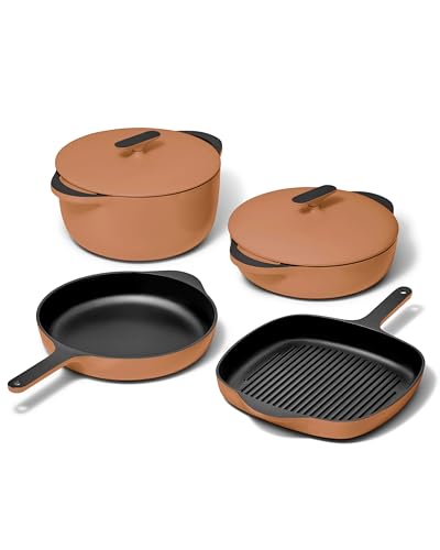 Caraway 8-Piece Enameled Cast Iron Set - 10.5” Skillet, Grill Pan, 3.5 qt Braiser Pan, 6.5 qt Dutch Oven with Lid and Organizers - Non-Toxic 3-Layer Enamel Coating - No Seasoning Required - Rust
