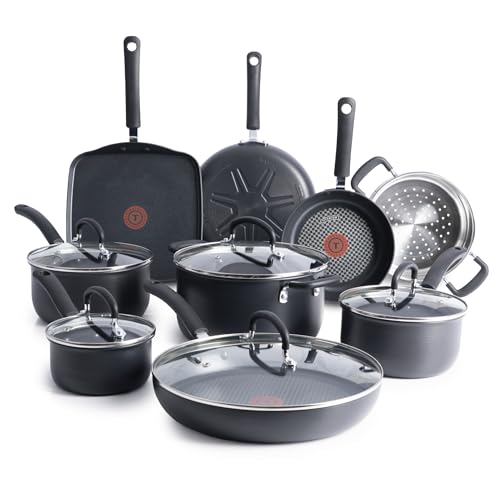 T-fal Ultimate Hard Anodized Nonstick Pots and Pans Set 14 Piece, Oven Broiler Safe 400F, Kitchen Cooking Set w/Fry Pans, Saucepans, Griddle, Dutch Oven, Dishwasher Safe, Cookware, Onyx