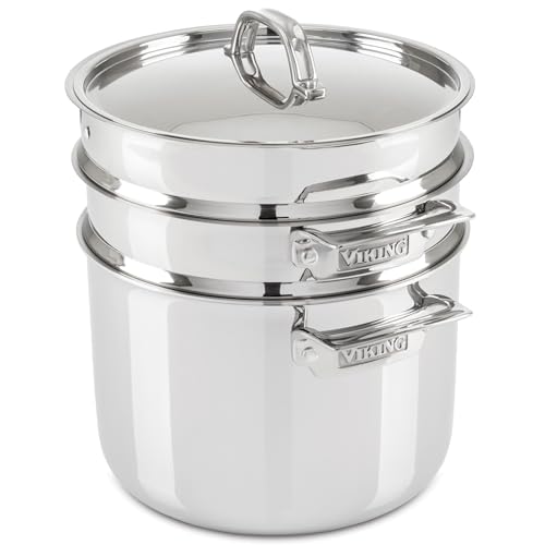Viking 3-Ply Stainless Steel Pasta Pot with Lid, 8 Quart, 4 Piece Multipot Kitchen Cookware, Includes Pasta Insert and Steamer Basket, Dishwasher and Oven Safe, Induction Ready, Silver