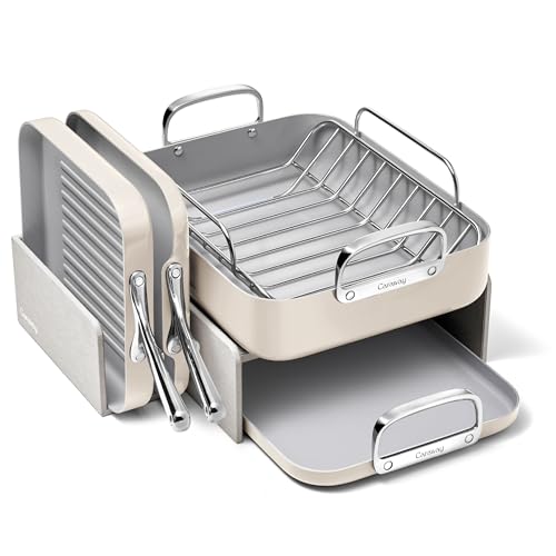 Caraway Square Cookware Set - Square Pans Set - Perfect for Griddling, Toasting, Searing, Roasting, and More - Non-Stick Ceramic Coated Pans - Non Toxic, PTFE & PFOA Free - Cream