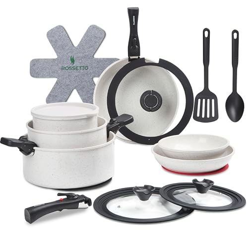 ROSSETTO Set di pentole da 23 pezzi, con manico rimovibile e rivestimento antiaderente in ceramica, set di pentole impilabili, pentole, padella, casseruola, casseruola, stufato, PFOA e senza PFOS