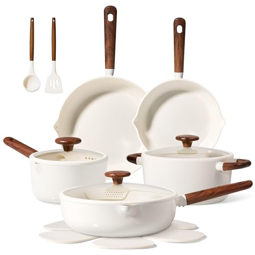 CAROTE Ceramic Cookware Sets, Pots and Pans Set Non stick, Non Toxic Healthy Induction Cookware, 14 Pcs Nonstick Kitchen Pots and Pans Set, PFAS PTFE Free, Dishwasher Safe