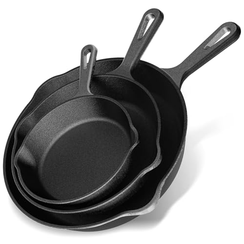 YASHE 3-Piece Cast Iron Skillet Set, Heavy-Duty Frying Pans, Durable ...