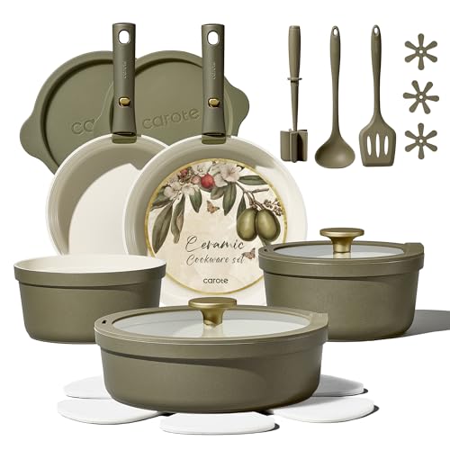 Carote 21pcs Ceramic Cookware Set with Detachable Handles, Pots and Pans Set Non Stick, RV Kitchen Cooking Pot and Pan, Dishwasher Safe, Non-toxic Induction Cookware PFAS and PFOA Free, Olive Green