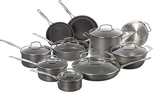 Cuisinart 17-Piece Pots and Pans Set, Non Stick Hard Anodized Cookware Set, Compatible with Electric, Gas Cooktops, Dishwasher Safe, Oven Safe Pot Set, Cool Grip Handles, Aluminum Core for Even Heat
