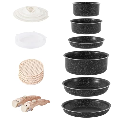 RIOVARM Induzione Set di pentole e padelle con manici staccabili, Impilabile Antiaderente In granito Set di pentole con coperchi, Salvaspazio Set di utensili da cucina Senza PFOA, Padella, Casseruole