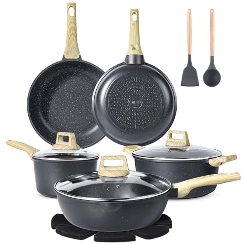 GiPP Set di 14 Pentole in Granito e Padelle con Rivestimento Antiaderente, 20 + 24 + 28 cm, Set di Pentole da 16 + 24 cm, Set di Pentole a Induzione con Spatola+Cucchiaio, Per Tutti i Piani Cottura