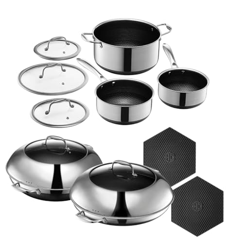 HexClad Hybrid Nonstick 12-Piece Cookware Set, 14" Pan with Lid, 14" Wok with Lid, 2, 3, and 8Qt Pots with Lids, and 2 Silicone Trivets, Stay-Cool Handles, Dishwasher and Oven-Safe, Induction Ready