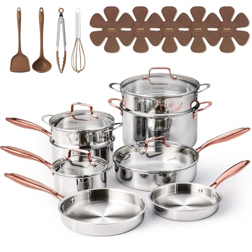 CAROTE 21pcs Tri-Ply Stainless Steel Cookware Set, Pots and Pans Set, Non Toxic Induction Kitchen Cooking Sets, Cookware Collection, Mirror Polish, Gold