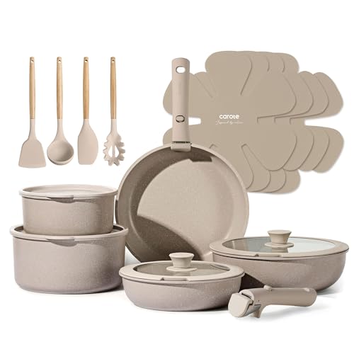 CAROTE 19pcs Pots and Pans Set Non Stick, Nonstick Cookware Set Detachable Handle, Induction Kitchen Cooking Sets with Removable Handle, RV Kitchen, Oven Safe, Taupe